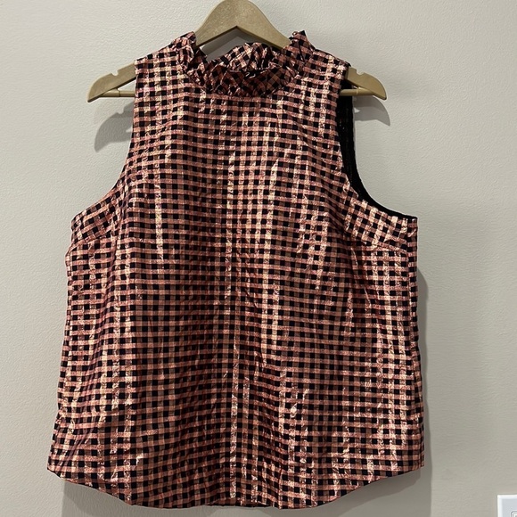 J.Crew Copper and Black Metallic Plaid Top Ruffle Neck in size L - Picture 1 of 8